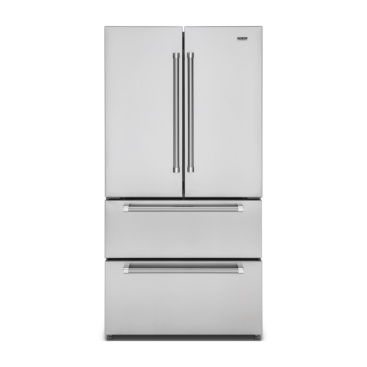Refrigerador Tecno Professional French Door inox escovado 571 litros com puxadores tubulares e LEDs internos.